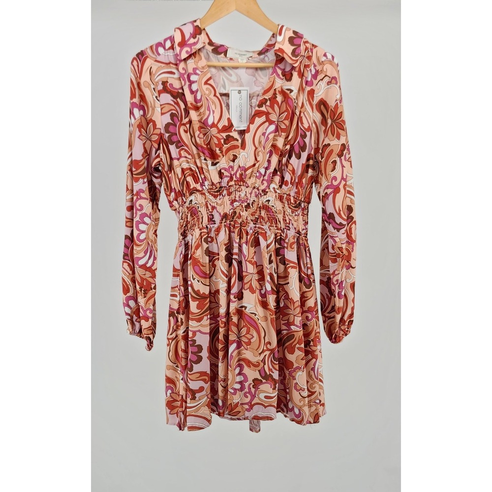 No Comment NY-LA Womens Pink Orange Psychedelic Floral Smocked Mini Dress Large